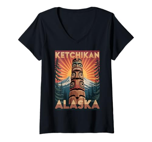 Damen Alaska-Totempfahl-Ketchikan-Souvenir und Einheimische Kunst T-Shirt mit V-Ausschnitt Damen Alaska-Totempfahl-Ketchikan-Souvenir und Einheimische Kunst T-Shirt mit V-Ausschnitt von Vintage Ketchikan Totem Pole Outfits