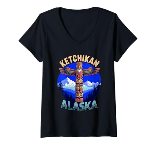 Damen Alaska-Totempfahl-Ketchikan-Souvenir und Einheimische Kunst T-Shirt mit V-Ausschnitt Damen Alaska-Totempfahl-Ketchikan-Souvenir und Einheimische Kunst T-Shirt mit V-Ausschnitt von Vintage Ketchikan Totem Pole Outfits