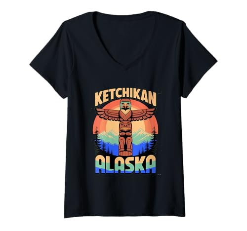 Damen Alaska-Totempfahl-Ketchikan-Souvenir und Einheimische Kunst T-Shirt mit V-Ausschnitt Damen Alaska-Totempfahl-Ketchikan-Souvenir und Einheimische Kunst T-Shirt mit V-Ausschnitt von Vintage Ketchikan Totem Pole Outfits