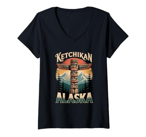 Damen Ketchikan Alaska Indianer Totemstange T-Shirt mit V-Ausschnitt Damen Ketchikan Alaska Indianer Totemstange T-Shirt mit V-Ausschnitt von Vintage Ketchikan Totem Pole Outfits