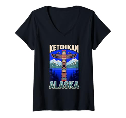 Damen Ketchikan Alaska Indianer Totemstange T-Shirt mit V-Ausschnitt Damen Ketchikan Alaska Indianer Totemstange T-Shirt mit V-Ausschnitt von Vintage Ketchikan Totem Pole Outfits