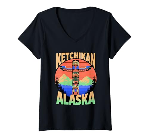 Damen Ketchikan Alaska Indianer Totemstange T-Shirt mit V-Ausschnitt Damen Ketchikan Alaska Indianer Totemstange T-Shirt mit V-Ausschnitt von Vintage Ketchikan Totem Pole Outfits