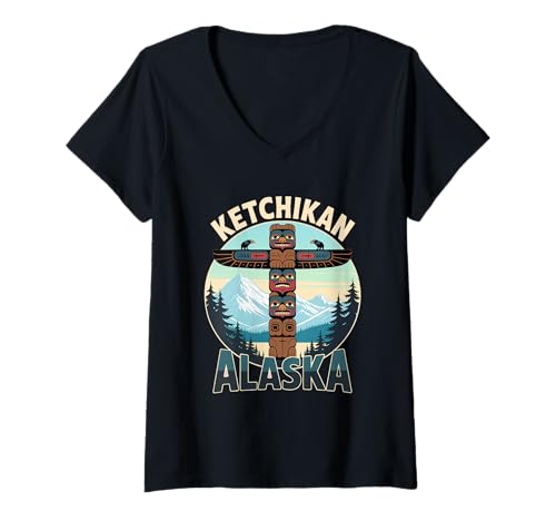 Damen Retro Ketchikan Alaska Totem Pole Indianer T-Shirt mit V-Ausschnitt Damen Retro Ketchikan Alaska Totem Pole Indianer T-Shirt mit V-Ausschnitt von Vintage Ketchikan Totem Pole Outfits