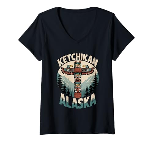 Damen Retro Ketchikan Alaska Totem Pole Indianer T-Shirt mit V-Ausschnitt Damen Retro Ketchikan Alaska Totem Pole Indianer T-Shirt mit V-Ausschnitt von Vintage Ketchikan Totem Pole Outfits