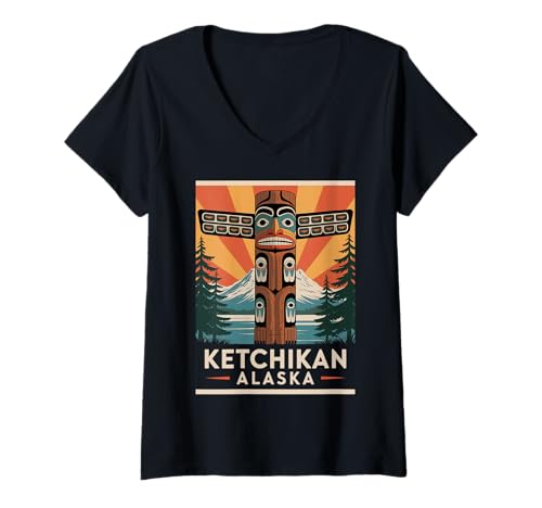 Damen Retro Ketchikan Alaska Totem Pole Indianer T-Shirt mit V-Ausschnitt Damen Retro Ketchikan Alaska Totem Pole Indianer T-Shirt mit V-Ausschnitt von Vintage Ketchikan Totem Pole Outfits