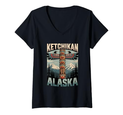 Damen Retro Ketchikan Alaska Totem Pole Indianer T-Shirt mit V-Ausschnitt Damen Retro Ketchikan Alaska Totem Pole Indianer T-Shirt mit V-Ausschnitt von Vintage Ketchikan Totem Pole Outfits