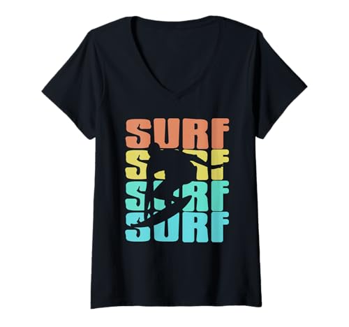 Damen Retro-Surfen Silhouette Ozeanwellen-Abenteuer T-Shirt mit V-Ausschnitt Damen Retro-Surfen Silhouette Ozeanwellen-Abenteuer T-Shirt mit V-Ausschnitt von Vintage Küsten-Wassersport-Lifestyle