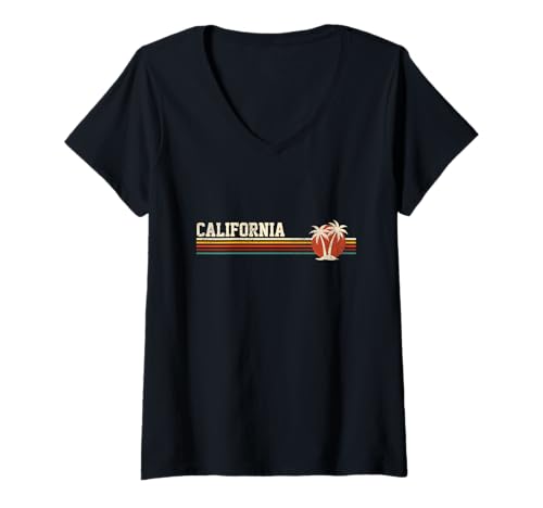 Damen California Retro Sonnenuntergang Palmen Vintage Design T-Shirt mit V-Ausschnitt Damen California Retro Sonnenuntergang Palmen Vintage Design T-Shirt mit V-Ausschnitt von Vintage Lines Island Beach Retro Vibes