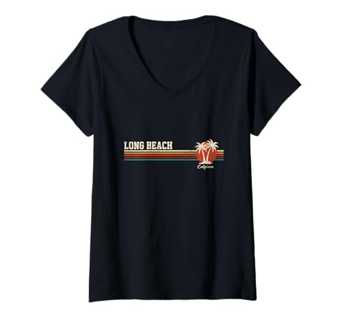 Damen Long Beach California Retro Sonnenuntergang Palmen Vintage Design T-Shirt mit V-Ausschnitt Damen Long Beach California Retro Sonnenuntergang Palmen Vintage Design T-Shirt mit V-Ausschnitt von Vintage Lines Island Beach Retro Vibes