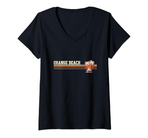 Damen Orange Beach Alabama Retro Sonnenuntergang Palmen Vintage Design T-Shirt mit V-Ausschnitt Damen Orange Beach Alabama Retro Sonnenuntergang Palmen Vintage Design T-Shirt mit V-Ausschnitt von Vintage Lines Island Beach Retro Vibes