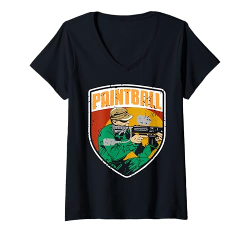 Damen Taktischer Retro Paintballspieler Im Spielmodus T-Shirt mit V-Ausschnitt Damen Taktischer Retro Paintballspieler Im Spielmodus T-Shirt mit V-Ausschnitt von Vintage Look Für Paintball Kämpfer