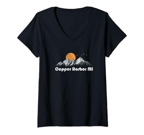 Damen Copper Harbor Michigan MI Vintage 70er Jahre Grafik Retro T-Shirt mit V-Ausschnitt von Vintage MI Copper Harbor Michigan Retro Designs