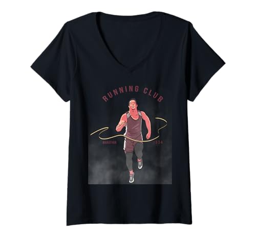 Damen Retro-Läufer Ziellinie Ausdauer Rennsport Athlet T-Shirt mit V-Ausschnitt von Vintage Marathonliebhaber Sprintcrew Motiviert