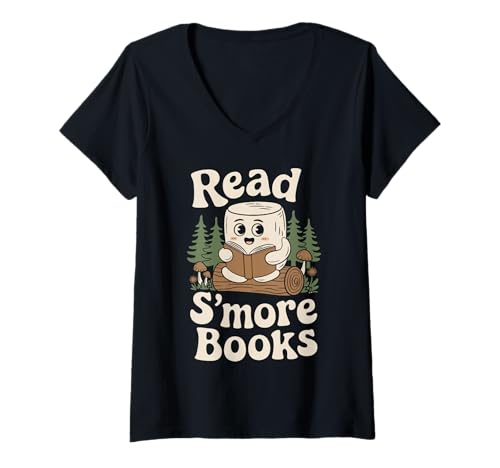 Damen Read S'more Books Vintage Marshmallow Camping T-Shirt mit V-Ausschnitt Damen Read S'more Books Vintage Marshmallow Camping T-Shirt mit V-Ausschnitt von Vintage Marshmallow Book Lovers Campfire Designs