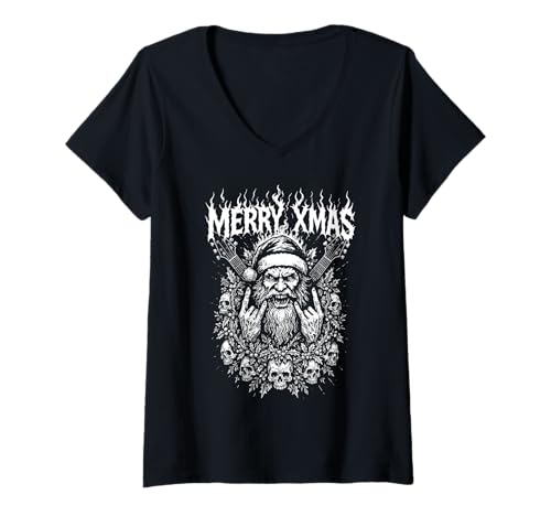 Damen Frohe Weihnachten Rock & Roll Santa Metal Music Rebel T-Shirt mit V-Ausschnitt von Vintage Metalhead Guitarist Edgy Gothic XMAS