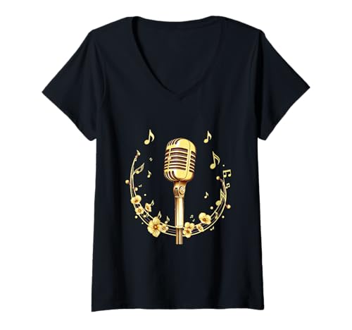 Damen Vintage Stage Mic Microphone with Music Notes Clef Musician T-Shirt mit V-Ausschnitt Damen Vintage Stage Mic Microphone with Music Notes Clef Musician T-Shirt mit V-Ausschnitt von Vintage Mic Microphone Musician