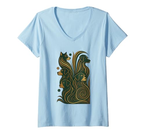 Damen Vintage Hunde Shirt Mid-Century Modern Stil 50er 60er T-Shirt mit V-Ausschnitt von Vintage Mid-Century Dog Lover Shirt