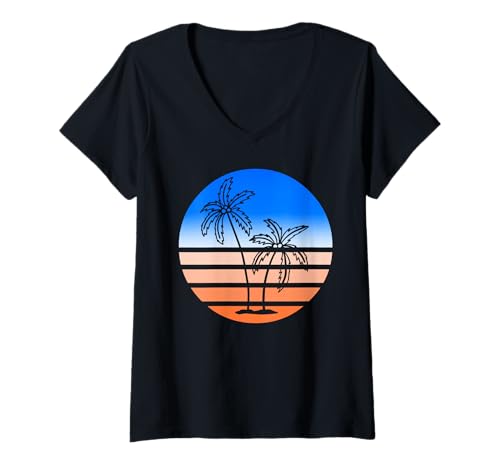 Damen Retro Strand Sonnenuntergang Palmen Ästhetik T-Shirt mit V-Ausschnitt Damen Retro Strand Sonnenuntergang Palmen Ästhetik T-Shirt mit V-Ausschnitt von Vintage Minimal Sommer Sonnen Strandurlaub