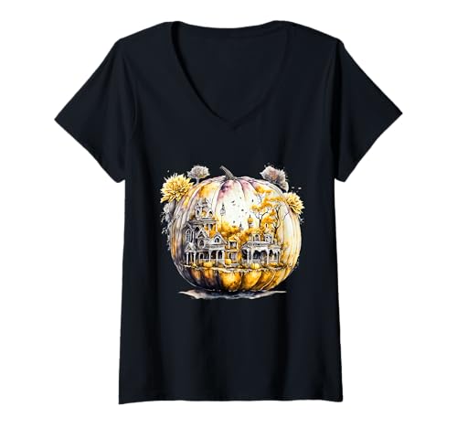 Damen Vintage bunter Thanksgiving Kürbis T-Shirt mit V-Ausschnitt von Vintage Morocco Collection