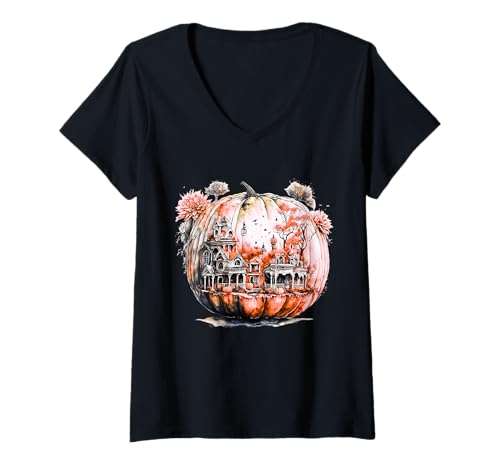 Damen Vintage bunter Thanksgiving Kürbis T-Shirt mit V-Ausschnitt Damen Vintage bunter Thanksgiving Kürbis T-Shirt mit V-Ausschnitt von Vintage Morocco Collection