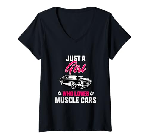 Damen Ein Mädchen, das Muscle-Cars liebt Lustige Oldtimer-Liebhaberinnen T-Shirt mit V-Ausschnitt Damen Ein Mädchen, das Muscle-Cars liebt Lustige Oldtimer-Liebhaberinnen T-Shirt mit V-Ausschnitt von Vintage Muscle Cars Apparel Gifts Shop