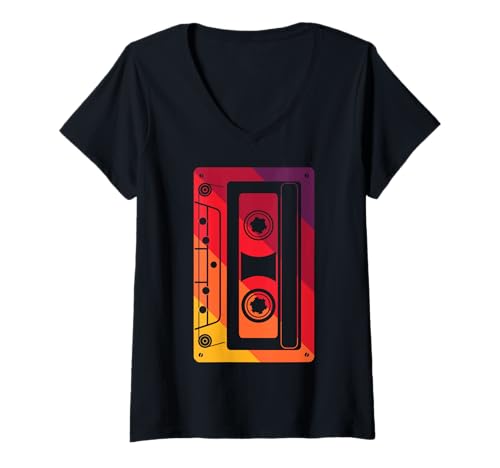 Damen Retro -Kassetten -Klebeband 80er Party T-Shirt mit V-Ausschnitt Damen Retro -Kassetten -Klebeband 80er Party T-Shirt mit V-Ausschnitt von Vintage Music Vibes Kleidung