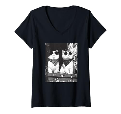 Damen Funny Cat Gangsters Streets New York Schwarz & Weiß Urban T-Shirt mit V-Ausschnitt Damen Funny Cat Gangsters Streets New York Schwarz & Weiß Urban T-Shirt mit V-Ausschnitt von Vintage NYC Design Photo Street Cats Gangsta