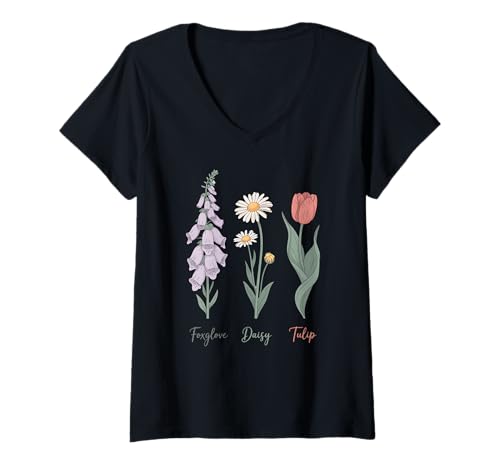 Damen Fingerhut Gänseblümchen Tulpe Floral Botanical Retro Flower Design T-Shirt mit V-Ausschnitt Damen Fingerhut Gänseblümchen Tulpe Floral Botanical Retro Flower Design T-Shirt mit V-Ausschnitt von Vintage Nature Print Delta Tango Foxtrot Art
