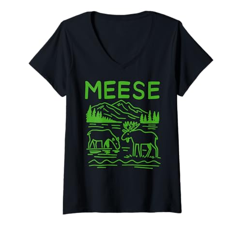 Damen Minimal Meese Elch Mountain Szene Line Art T-Shirt mit V-Ausschnitt Damen Minimal Meese Elch Mountain Szene Line Art T-Shirt mit V-Ausschnitt von Vintage Nature and Wildlife Adventure Apparel