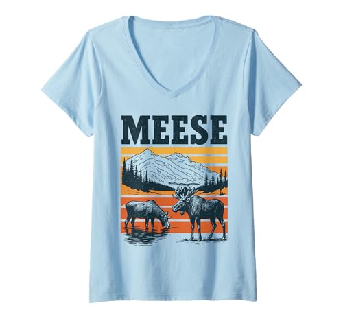 Damen Retro Meese Elch Berg Wildlife Outdoor T-Shirt mit V-Ausschnitt Damen Retro Meese Elch Berg Wildlife Outdoor T-Shirt mit V-Ausschnitt von Vintage Nature and Wildlife Adventure Apparel