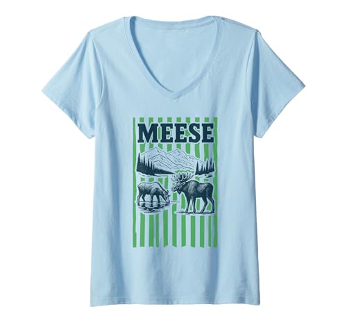Damen Vintage Meese Elch Natur Szene T-Shirt mit V-Ausschnitt Damen Vintage Meese Elch Natur Szene T-Shirt mit V-Ausschnitt von Vintage Nature and Wildlife Adventure Apparel