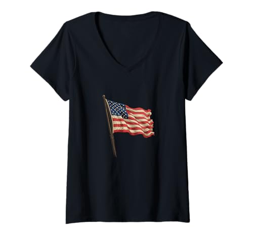 Damen No Kings in America Since 1776 Distressed USA Vintage Flagge T-Shirt mit V-Ausschnitt von Vintage No Kings In America Since 1776 Tee