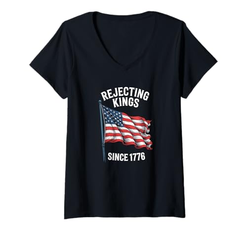 Damen No Kings in America Since 1776 Distressed USA Vintage Flagge T-Shirt mit V-Ausschnitt von Vintage No Kings In America Since 1776 Tee