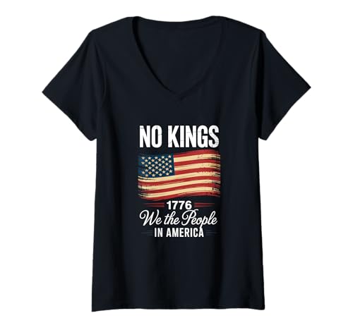 Damen No Kings in America Since 1776 Distressed USA Vintage Flagge T-Shirt mit V-Ausschnitt von Vintage No Kings In America Since 1776 Tee