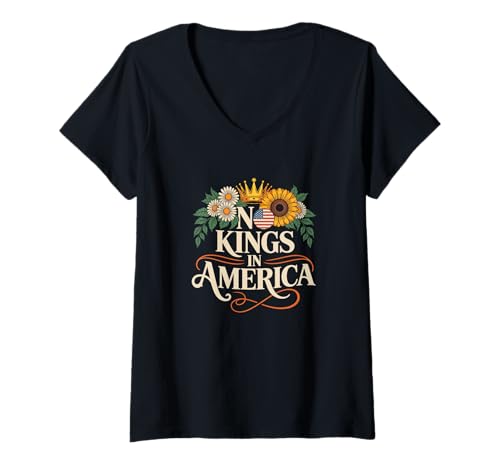 Damen No Kings in America Since 1776 Distressed USA Vintage Flagge T-Shirt mit V-Ausschnitt von Vintage No Kings In America Since 1776 Tee