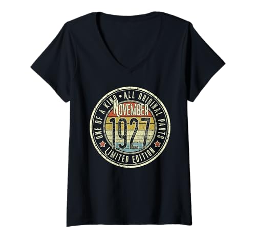 Damen 98. Geburtstag Vintage November 1927 Retro Limited Edition T-Shirt mit V-Ausschnitt von Vintage November 1927 98th Birthday Apparel