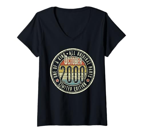 Damen 25. Geburtstag Vintage Oktober 2000 Retro Limited Edition T-Shirt mit V-Ausschnitt von Vintage October 2000 25th Birthday Apparel