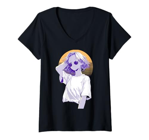 Damen Anime Retro Girl Ästhetische Kunst T-Shirt mit V-Ausschnitt von Vintage Otaku Streetwear Collective