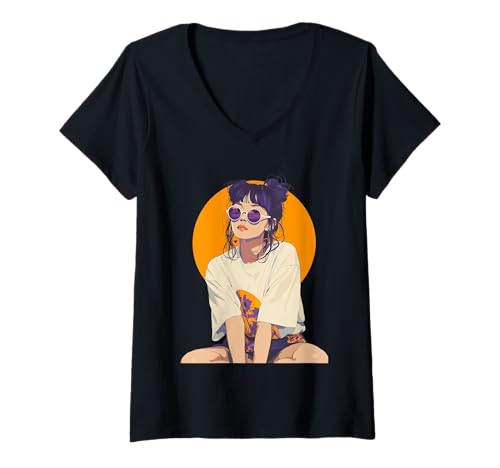 Damen Anime Retro Girl Ästhetische Kunst T-Shirt mit V-Ausschnitt von Vintage Otaku Streetwear Collective