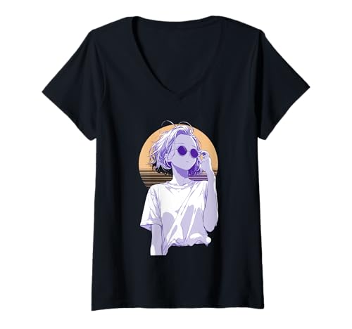 Damen Anime Retro Girl Ästhetische Kunst T-Shirt mit V-Ausschnitt von Vintage Otaku Streetwear Collective