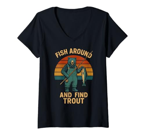 Damen Lustiger Bär Forellenfang Retro Sonnenuntergang Humor T-Shirt mit V-Ausschnitt von Vintage Outdoor Fishing Angler Apparel