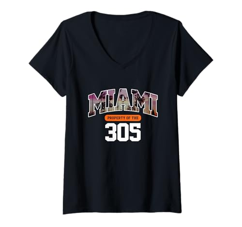 Damen 305 Vorwahl Miami Vibes Urban Style Beach Grafikdesign T-Shirt mit V-Ausschnitt Damen 305 Vorwahl Miami Vibes Urban Style Beach Grafikdesign T-Shirt mit V-Ausschnitt von Vintage Palm Trees Retro Miami Pride 305 Love