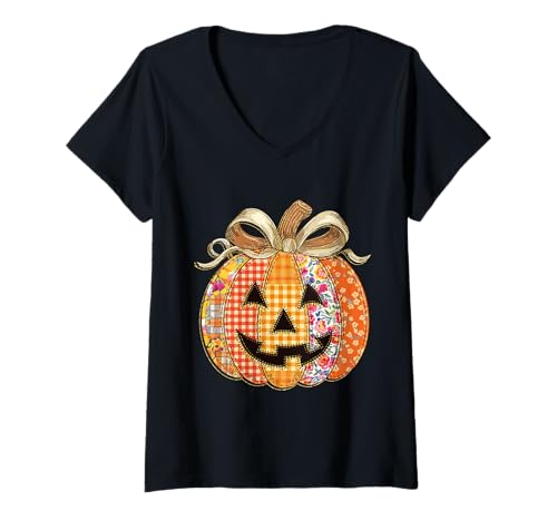 Damen Vintage Patchwork Kürbis Gesicht - Halloween Herbst Kürbis Geschenk T-Shirt mit V-Ausschnitt Damen Vintage Patchwork Kürbis Gesicht - Halloween Herbst Kürbis Geschenk T-Shirt mit V-Ausschnitt von Vintage Patchwork Pumpkin