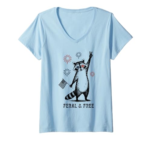 Damen Feral and Free Waschbär Peace Zeichen USA Flagge Feuerwerk T-Shirt mit V-Ausschnitt Damen Feral and Free Waschbär Peace Zeichen USA Flagge Feuerwerk T-Shirt mit V-Ausschnitt von Vintage Patriotic Feral And Free Raccoon Humor