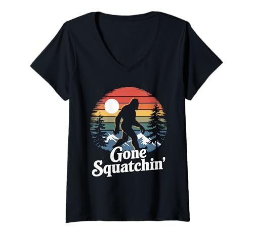 Damen Gone Squatchin Retro Sonnenuntergang Sasquatch Camping T-Shirt mit V-Ausschnitt Damen Gone Squatchin Retro Sonnenuntergang Sasquatch Camping T-Shirt mit V-Ausschnitt von Vintage Pine Trees Mountain Gone Squatchin