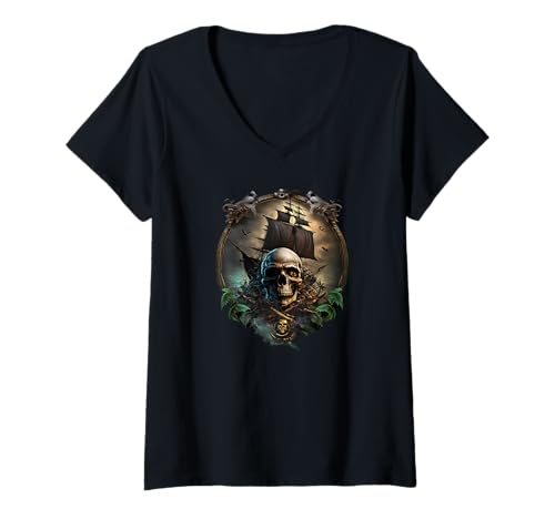 Damen Totenkopf & gekreuzte Knochen, Pirat Vintage T-Shirt mit V-Ausschnitt Damen Totenkopf & gekreuzte Knochen, Pirat Vintage T-Shirt mit V-Ausschnitt von Vintage Pirate Flags skull Co.
