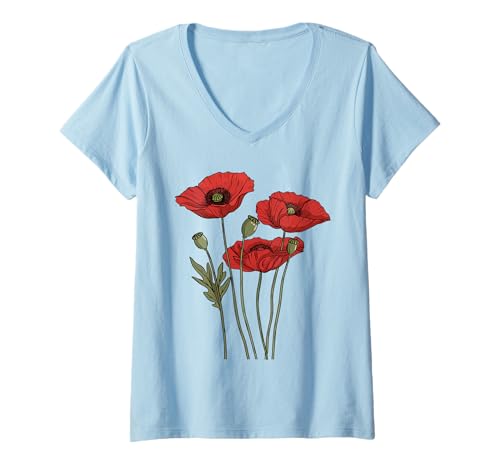 Damen Mohnblume Botanische Vintage Mohnblumen Floral T-Shirt mit V-Ausschnitt von Vintage Poppy Flowers