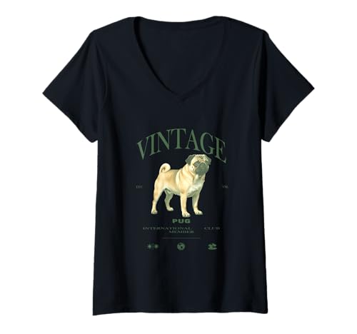 Damen Mops Hund Vintage T-Shirt mit V-Ausschnitt von Vintage Pug Lover Clo.