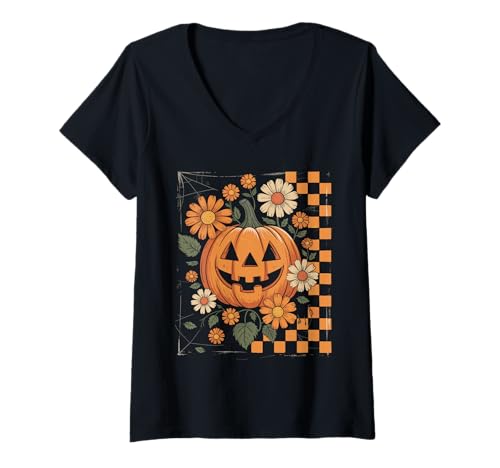 Damen Groovy Halloween Kürbis Jack O'Lantern Vintage Gänseblümchen T-Shirt mit V-Ausschnitt Damen Groovy Halloween Kürbis Jack O'Lantern Vintage Gänseblümchen T-Shirt mit V-Ausschnitt von Vintage Pumpkin Thanksgiving Fall Halloween Shirt