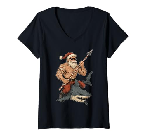 Damen Tätowierter muskulöser Weihnachtshai, lustige Weihnachtsfeiertage T-Shirt mit V-Ausschnitt Damen Tätowierter muskulöser Weihnachtshai, lustige Weihnachtsfeiertage T-Shirt mit V-Ausschnitt von Vintage Punk Santa Tattoo Bodybuilder Beach XMAS